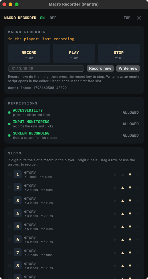 The Macro Recorder window: RECORD, PLAY and STOP, the permissions all allowed, and ten numbered slots